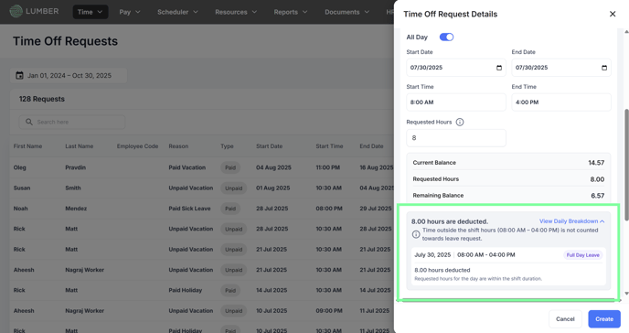 View Daily Breakdown - Leave Request